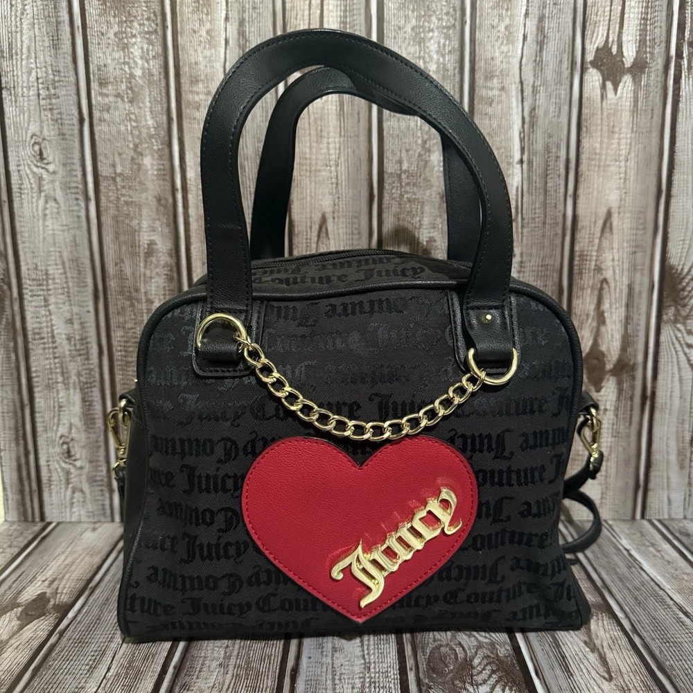 Juicy Couture Black Cross My Heart Tote Bag Crossbody Satchel Handbag Chain